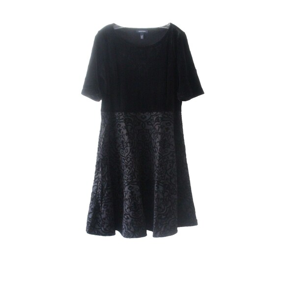 Lands End Dress Black Velvet Bodice Flocked Flared Skirt Size Petite Large - Picture 1 of 5